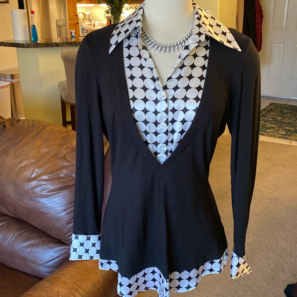 Cache black and white circle print long sleeve double layered look top
